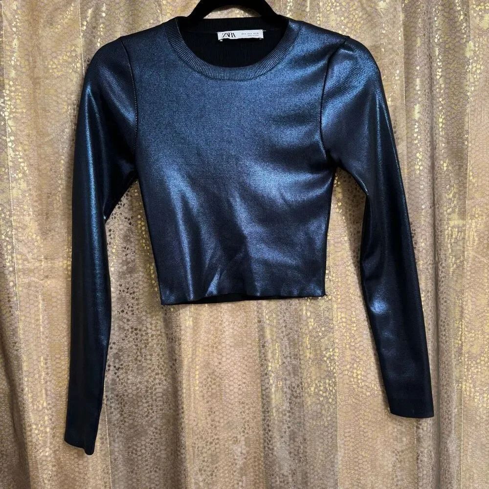 ZARA Navy Blue Metallic Foil Cropped Long Sleeve Futuristic Top Slim Small